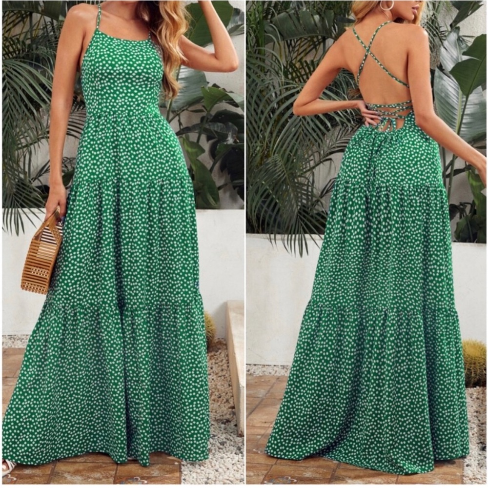 Boho lace up back maxi dress